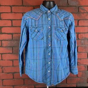 Cowboy Up Western Mens Medium Blue Button Down Shirt – Casual, Cowboy, Rodeo‎